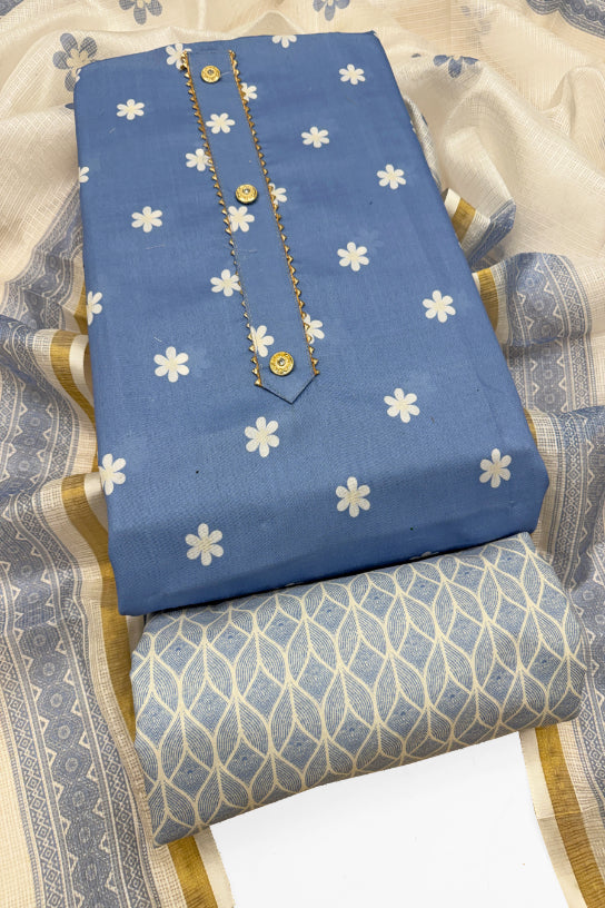 Cotton Blend Printed Suit Set with Kota Doria Dupatta for Women’s Unstitched (Top 2.5m | Bottom 2.5m | Dupatta 2.25m)