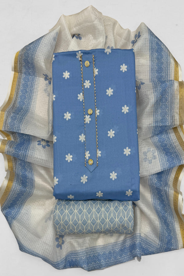 Cotton Blend Printed Suit Set with Kota Doria Dupatta for Women’s Unstitched (Top 2.5m | Bottom 2.5m | Dupatta 2.25m)