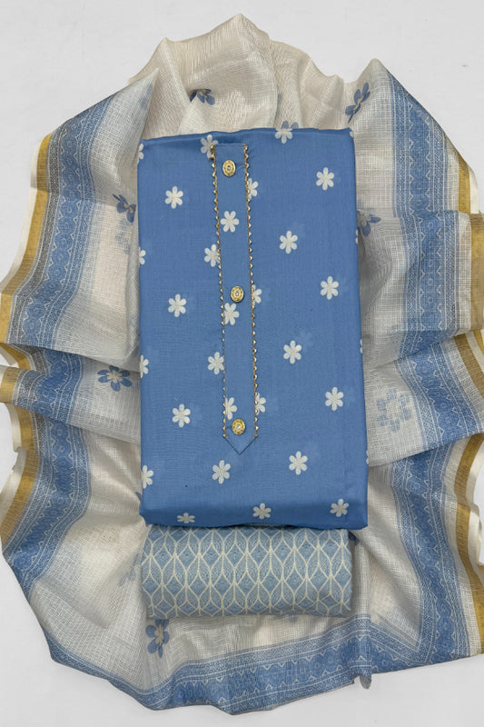 Cotton Blend Printed Suit Set with Kota Doria Dupatta for Women’s Unstitched (Top 2.5m | Bottom 2.5m | Dupatta 2.25m)