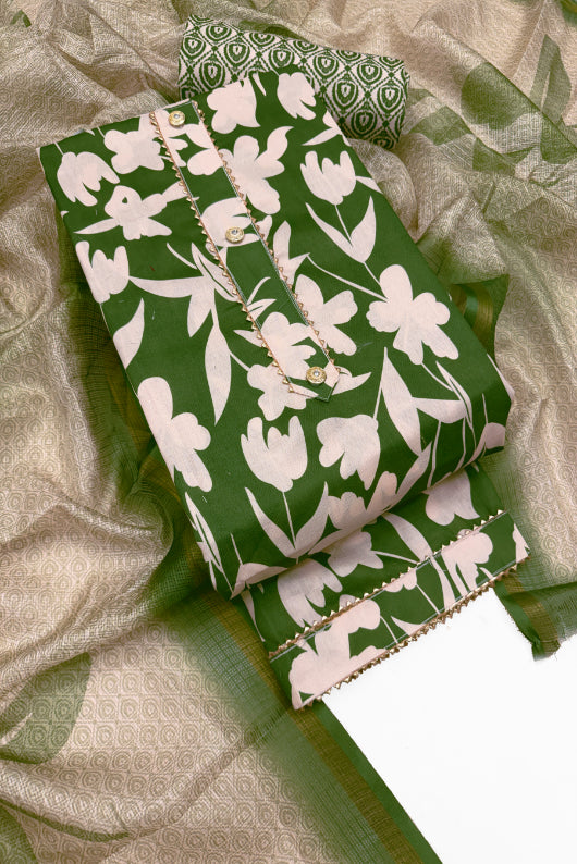 Cotton Blend Printed Suit Set with Kota Doria Dupatta for Women’s Unstitched (Top 2.5m | Bottom 2.5m | Dupatta 2.25m)