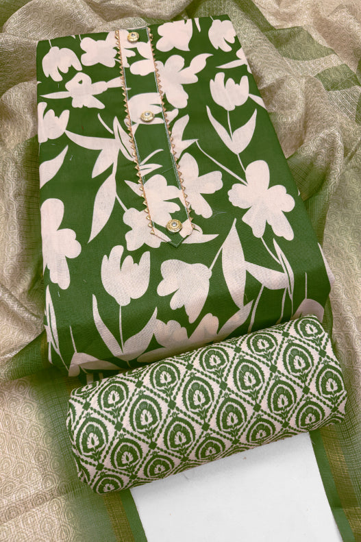 Cotton Blend Printed Suit Set with Kota Doria Dupatta for Women’s Unstitched (Top 2.5m | Bottom 2.5m | Dupatta 2.25m)