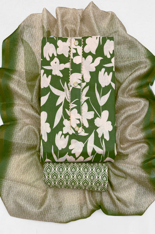 Cotton Blend Printed Suit Set with Kota Doria Dupatta for Women’s Unstitched (Top 2.5m | Bottom 2.5m | Dupatta 2.25m)