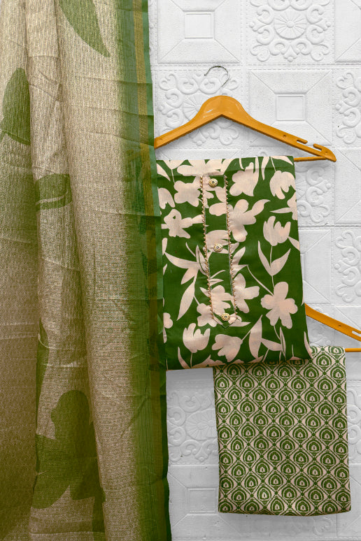 Cotton Blend Printed Suit Set with Kota Doria Dupatta for Women’s Unstitched (Top 2.5m | Bottom 2.5m | Dupatta 2.25m)