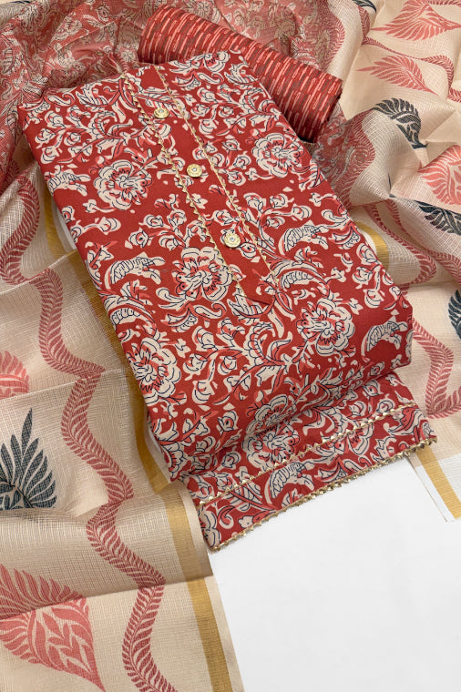 Cotton Blend Printed Suit Set with Kota Doria Dupatta for Women’s Unstitched (Top 2.5m | Bottom 2.5m | Dupatta 2.25m)