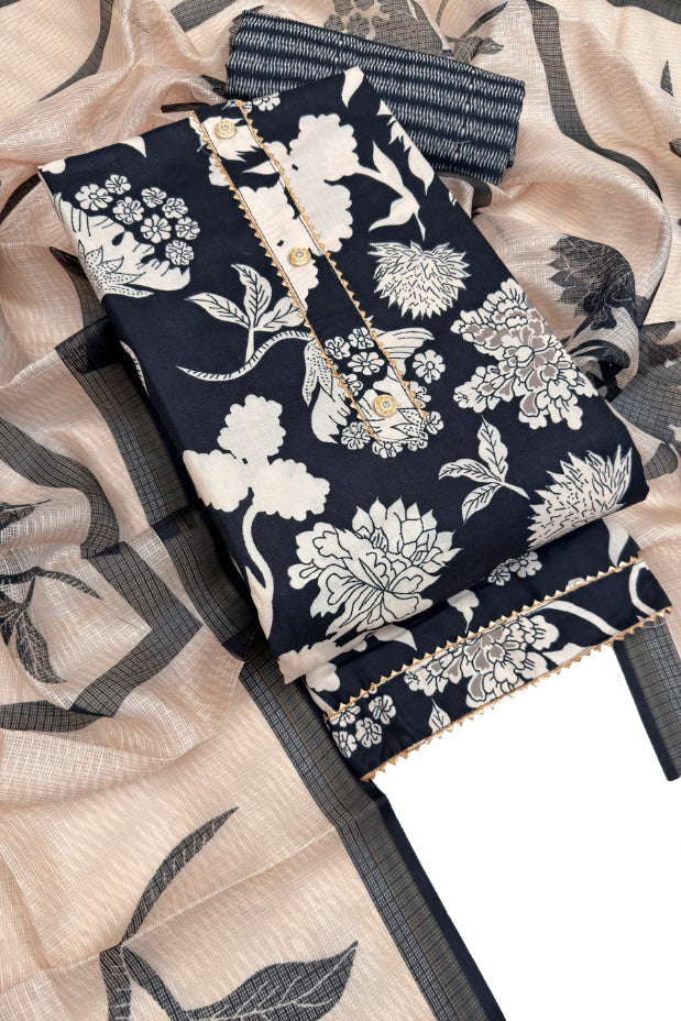 Cotton Blend Printed Suit Set with Kota Doria Dupatta for Women’s Unstitched (Top 2.5m | Bottom 2.5m | Dupatta 2.25m)