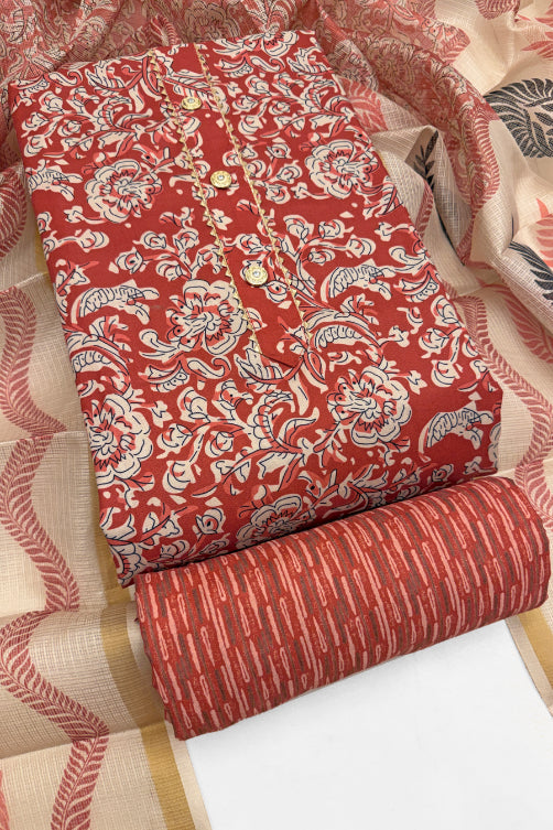 Cotton Blend Printed Suit Set with Kota Doria Dupatta for Women’s Unstitched (Top 2.5m | Bottom 2.5m | Dupatta 2.25m)