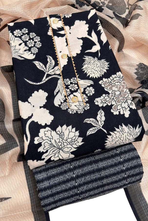 Cotton Blend Printed Suit Set with Kota Doria Dupatta for Women’s Unstitched (Top 2.5m | Bottom 2.5m | Dupatta 2.25m)