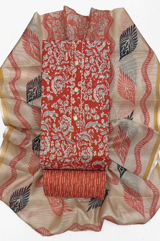 Cotton Blend Printed Suit Set with Kota Doria Dupatta for Women’s Unstitched (Top 2.5m | Bottom 2.5m | Dupatta 2.25m)