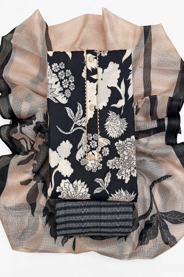 Cotton Blend Printed Suit Set with Kota Doria Dupatta for Women’s Unstitched (Top 2.5m | Bottom 2.5m | Dupatta 2.25m)