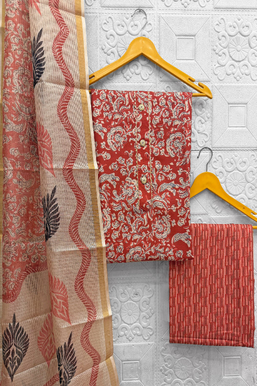 Cotton Blend Printed Suit Set with Kota Doria Dupatta for Women’s Unstitched (Top 2.5m | Bottom 2.5m | Dupatta 2.25m)