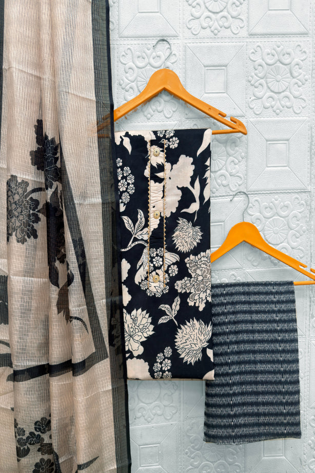 Cotton Blend Printed Suit Set with Kota Doria Dupatta for Women’s Unstitched (Top 2.5m | Bottom 2.5m | Dupatta 2.25m)