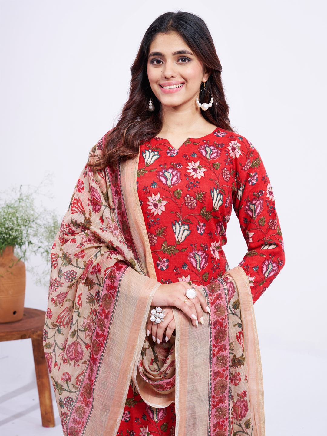 Women's Cotton Blend Printed Kurti Pant Dupatta Set