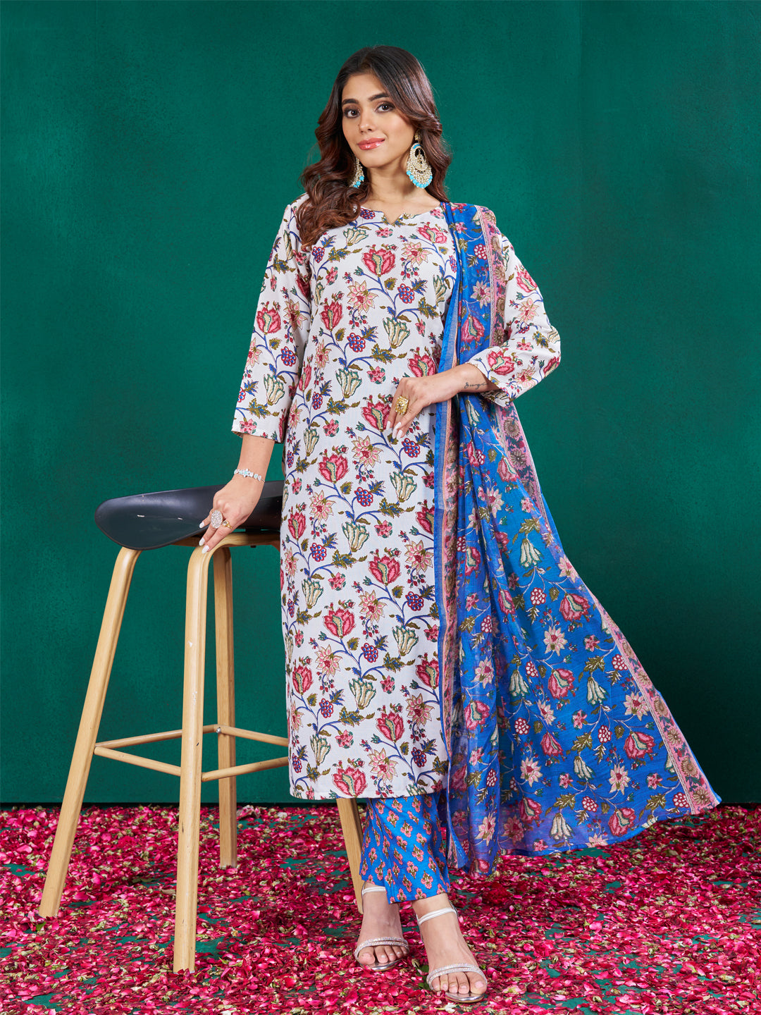 Women's Cotton Blend Printed Kurti Pant Dupatta Set