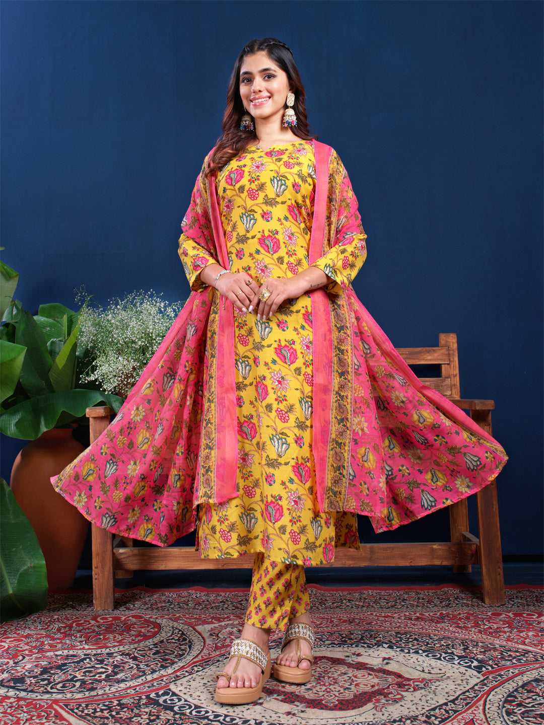 Women's Cotton Blend Printed Kurti Pant Dupatta Set