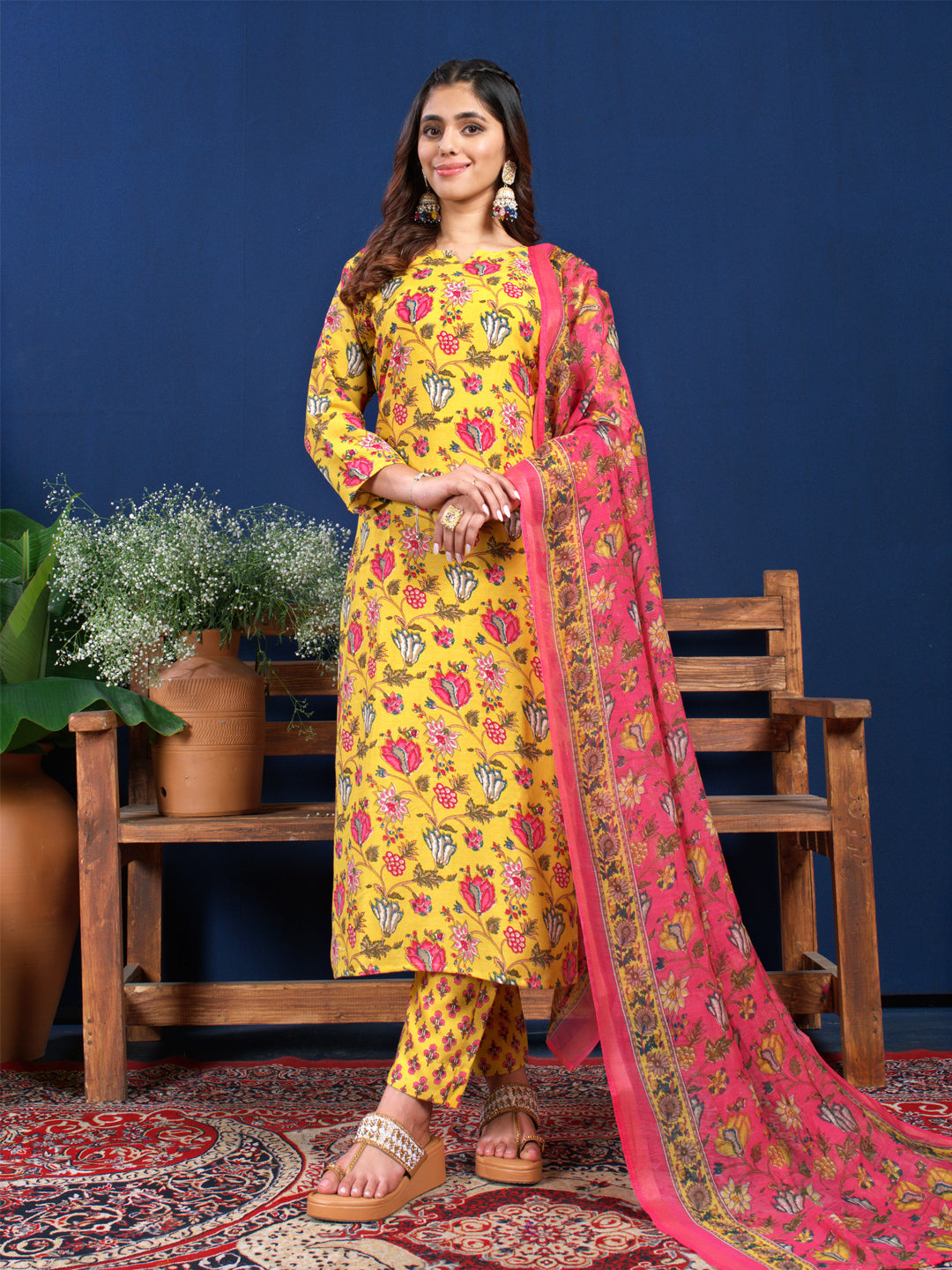Women's Cotton Blend Printed Kurti Pant Dupatta Set