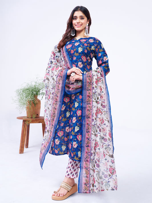 Women's Cotton Blend Printed Kurti Pant Dupatta Set
