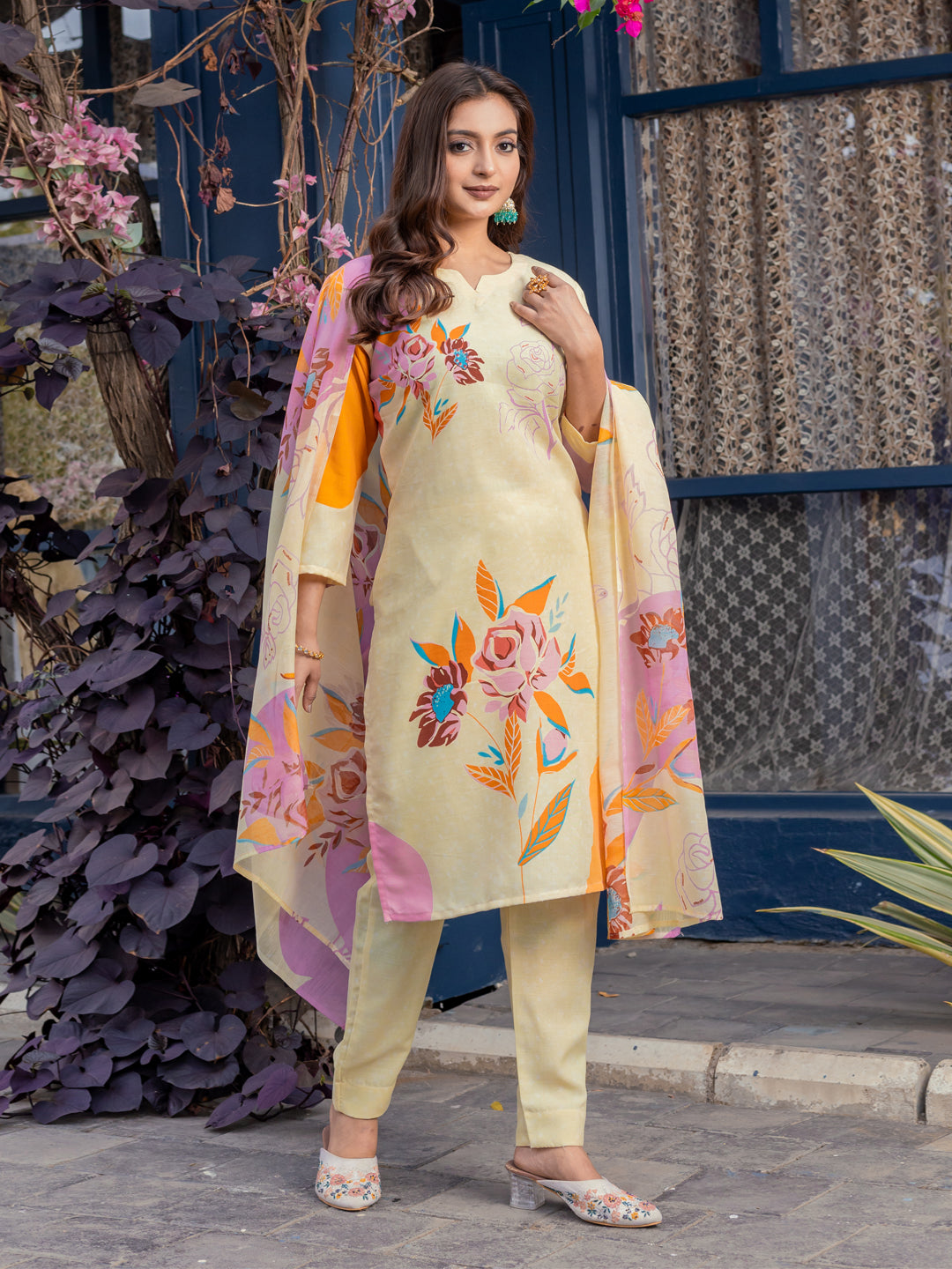 Women's Cotton Blend Printed Kurti Pant Dupatta Set