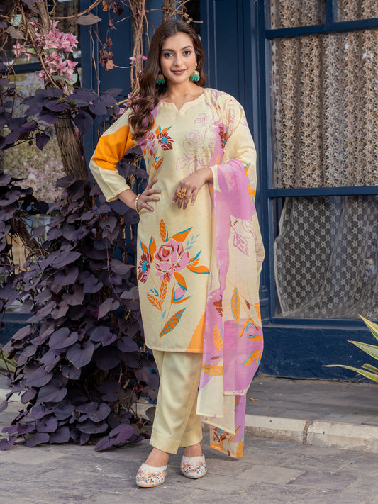 Women's Cotton Blend Printed Kurti Pant Dupatta Set