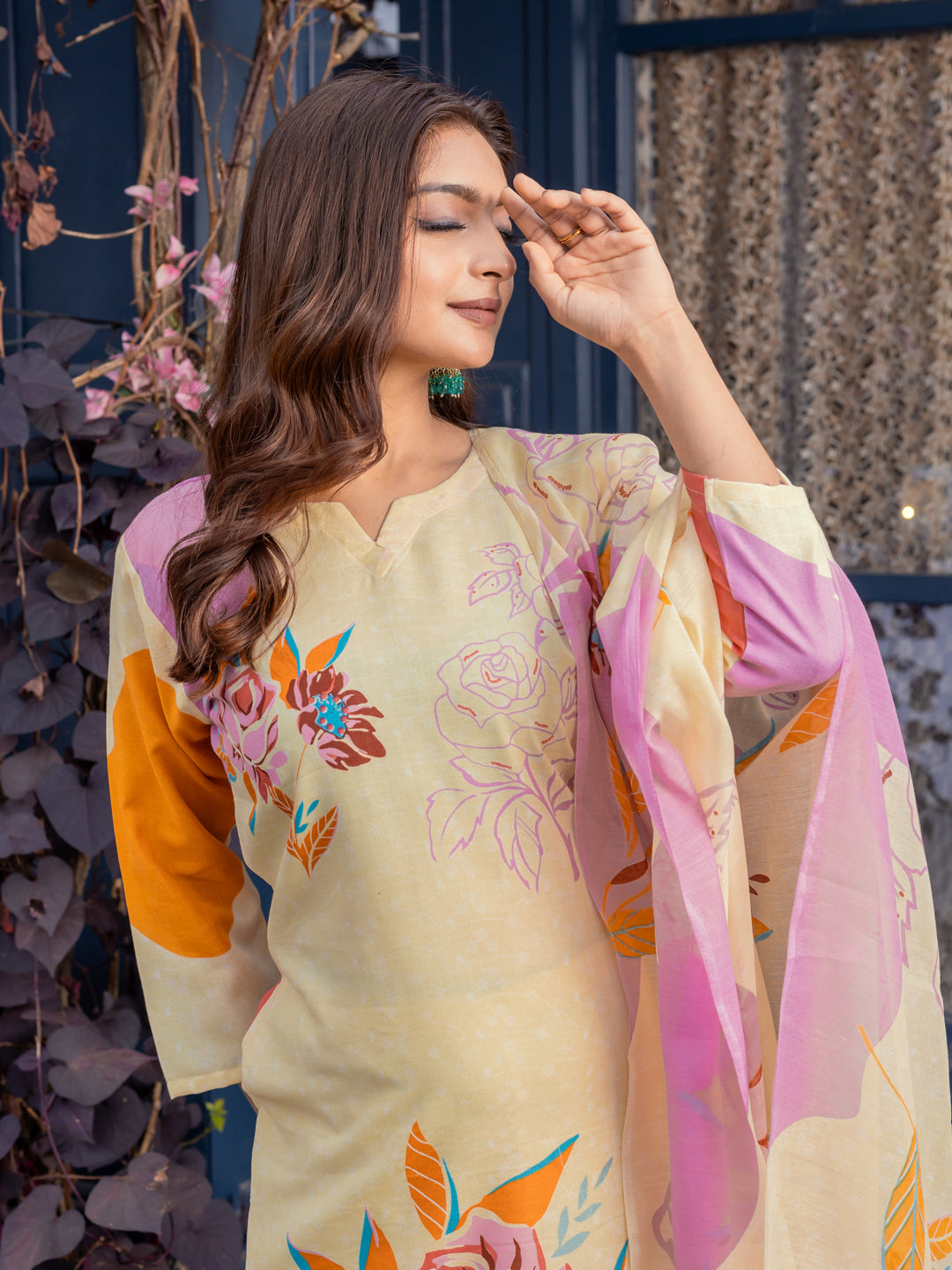 Women's Cotton Blend Printed Kurti Pant Dupatta Set