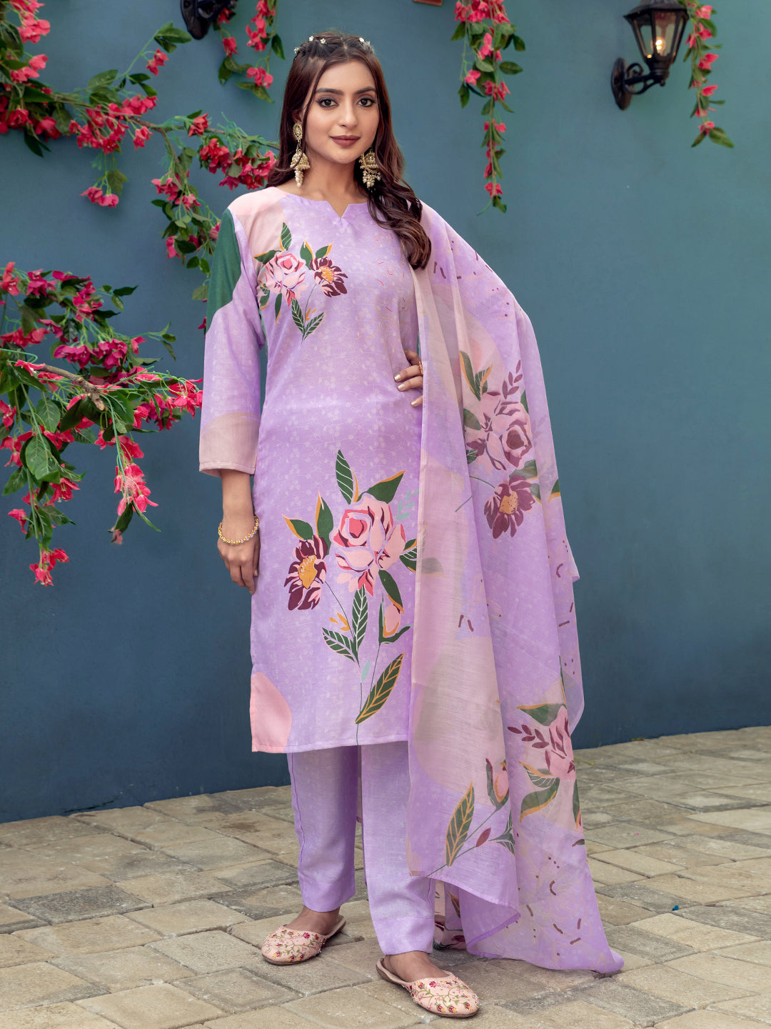 Women's Cotton Blend Printed Kurti Pant Dupatta Set