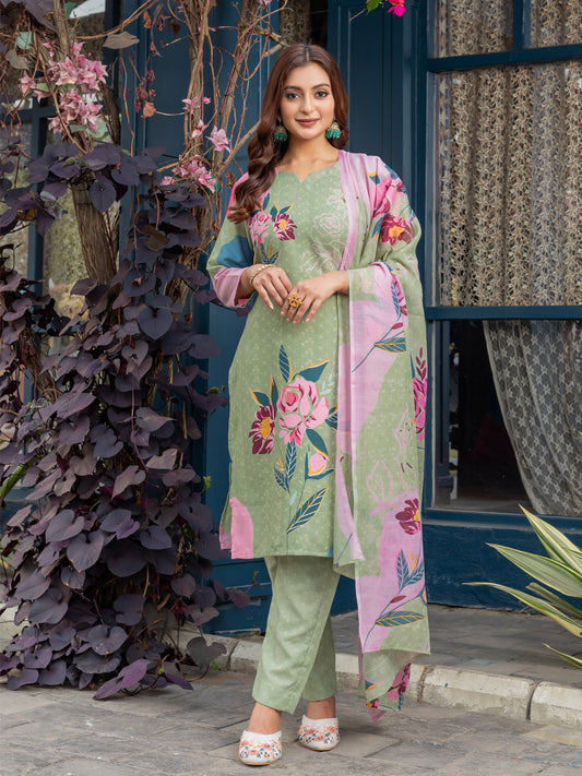 Women's Cotton Blend Printed Kurti Pant Dupatta Set