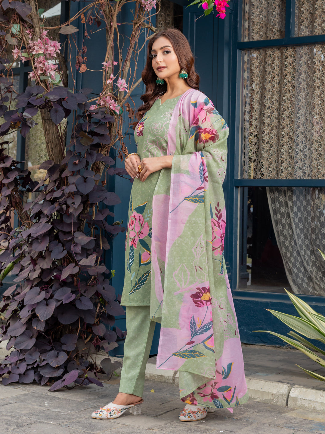 Women's Cotton Blend Printed Kurti Pant Dupatta Set