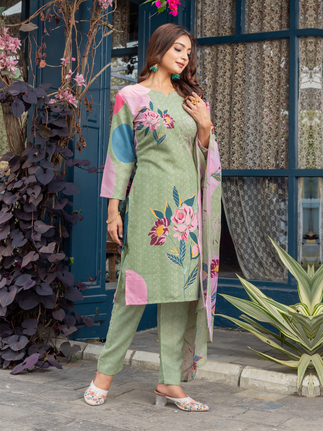 Women's Cotton Blend Printed Kurti Pant Dupatta Set
