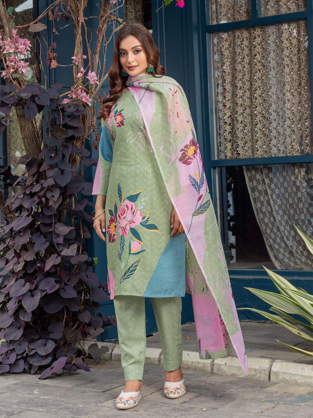 Women's Cotton Blend Printed Kurti Pant Dupatta Set