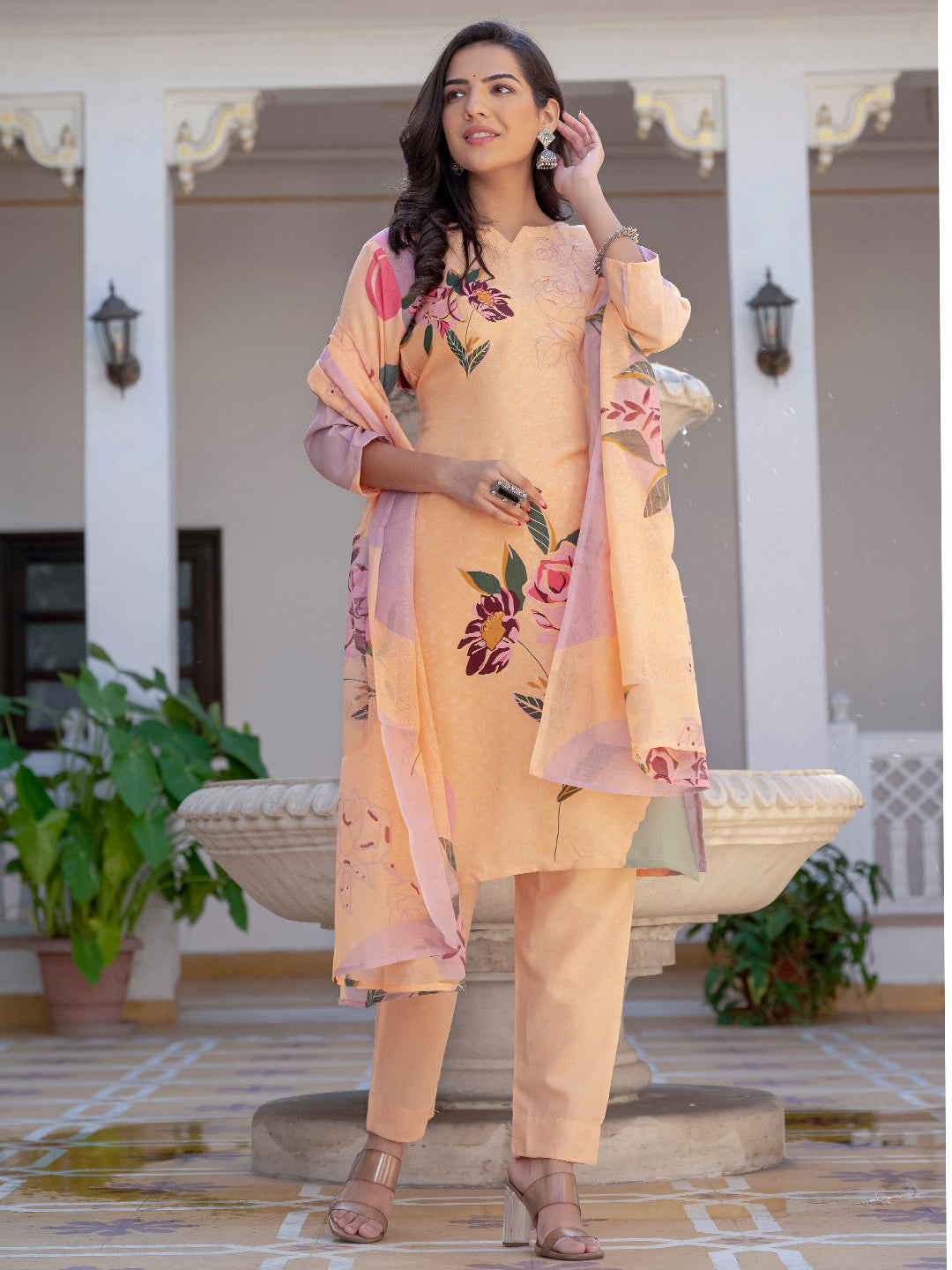Women's Cotton Blend Printed Kurti Pant Dupatta Set
