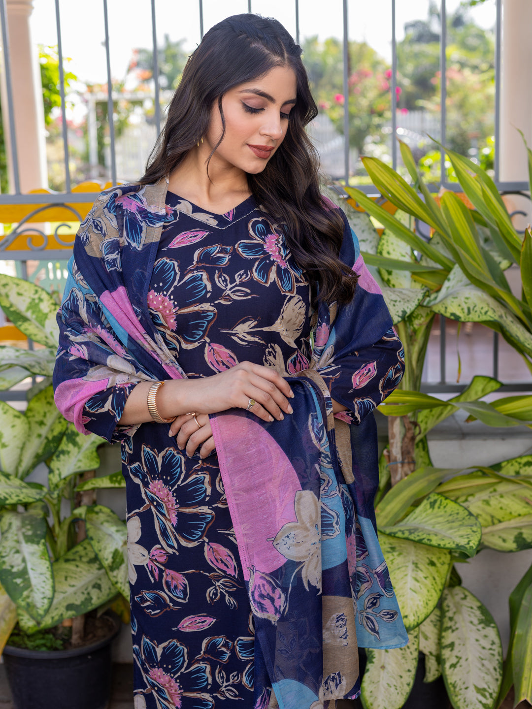 Women's Cotton Blend Printed Kurti Pant Dupatta Set