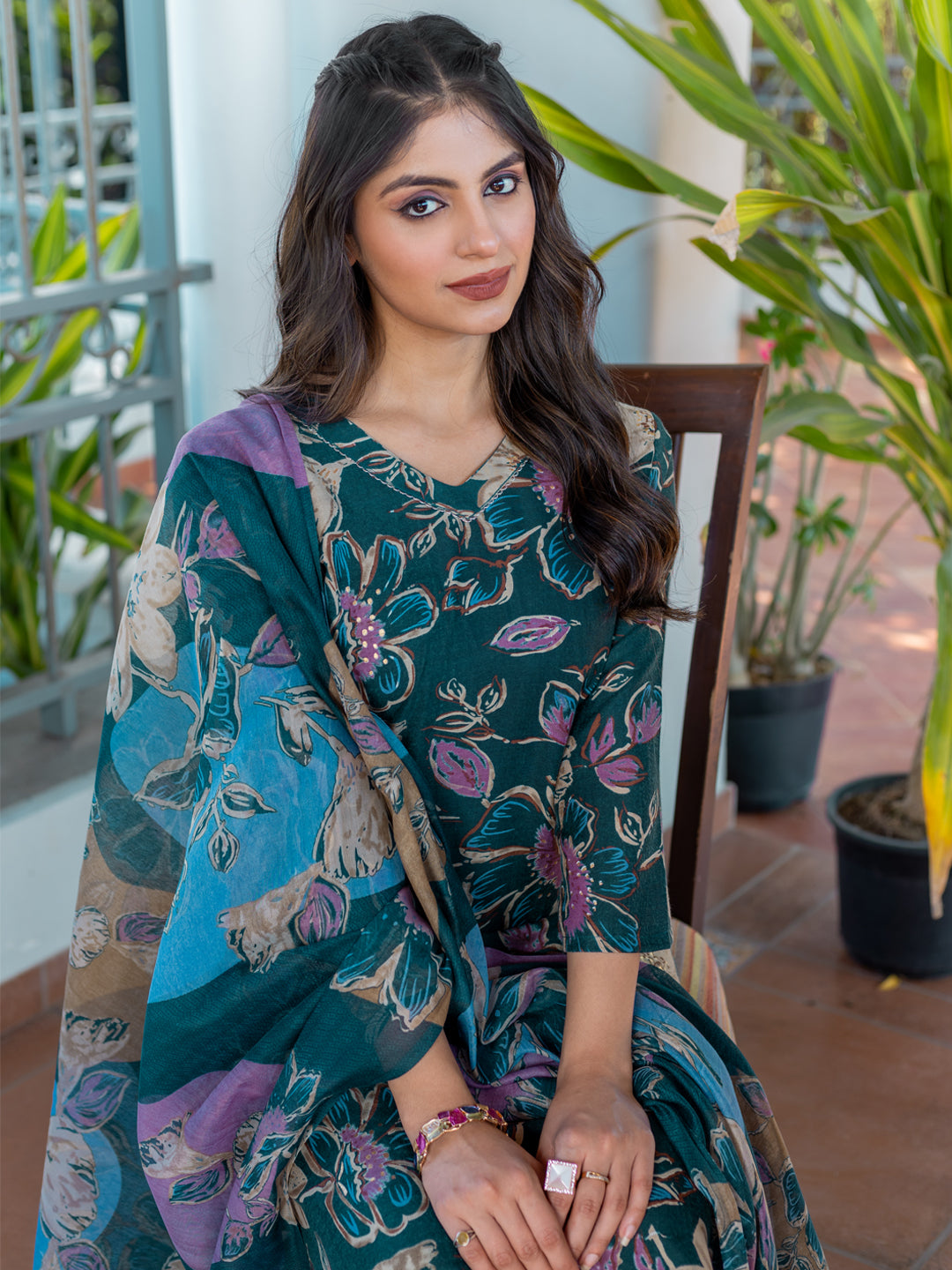 Women's Cotton Blend Printed Kurti Pant Dupatta Set