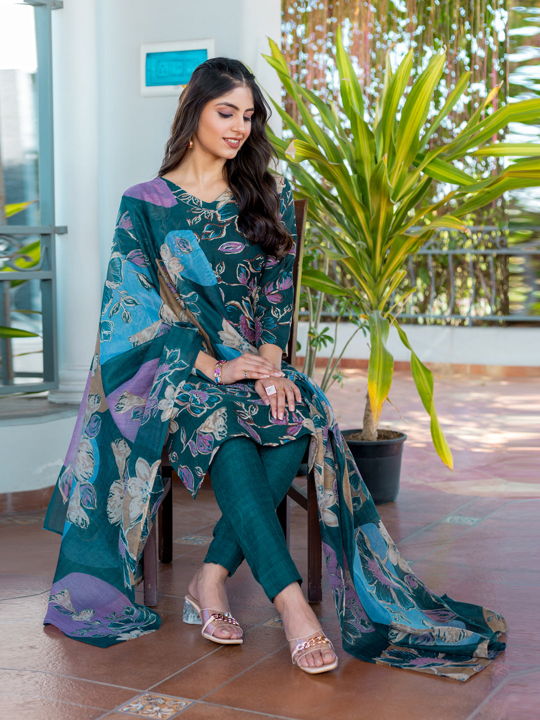 Women's Cotton Blend Printed Kurti Pant Dupatta Set