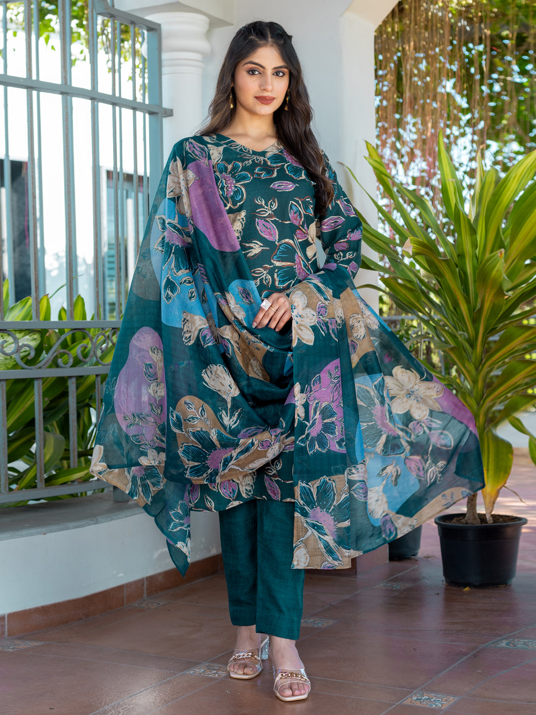 Women's Cotton Blend Printed Kurti Pant Dupatta Set