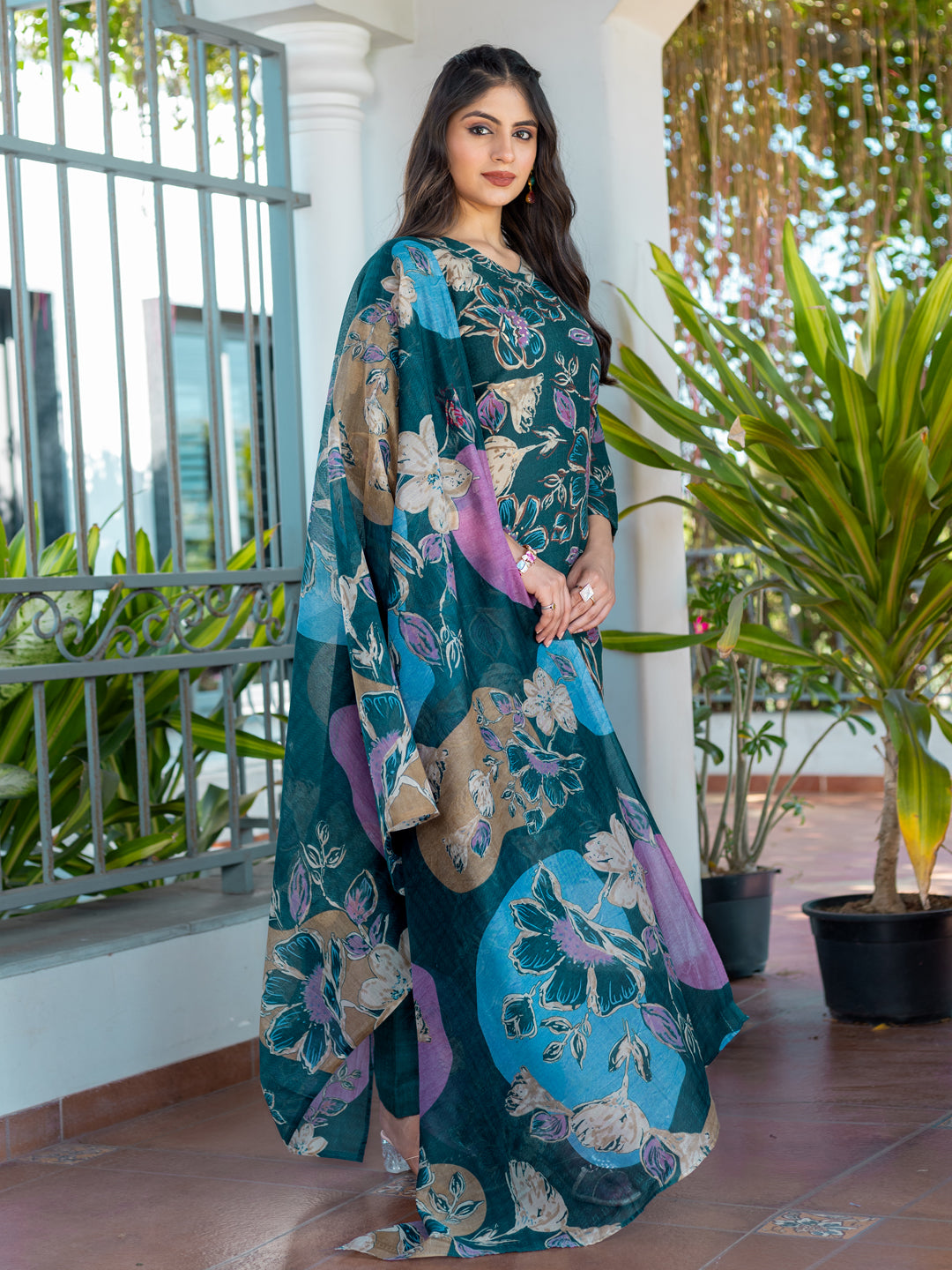 Women's Cotton Blend Printed Kurti Pant Dupatta Set