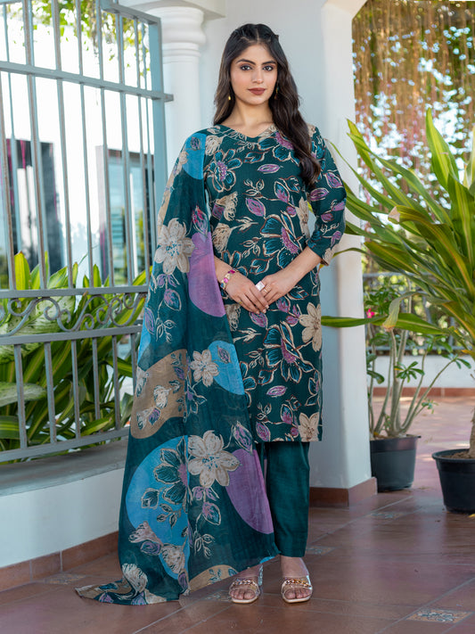 Women's Cotton Blend Printed Kurti Pant Dupatta Set