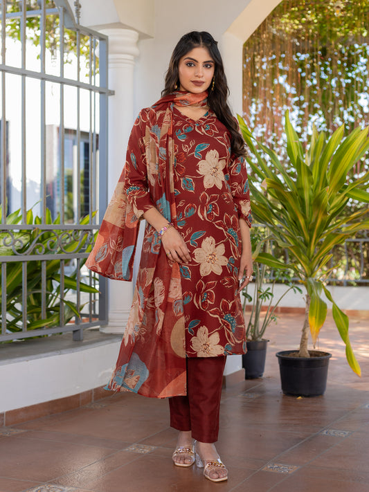 Women's Cotton Blend Printed Kurti Pant Dupatta Set