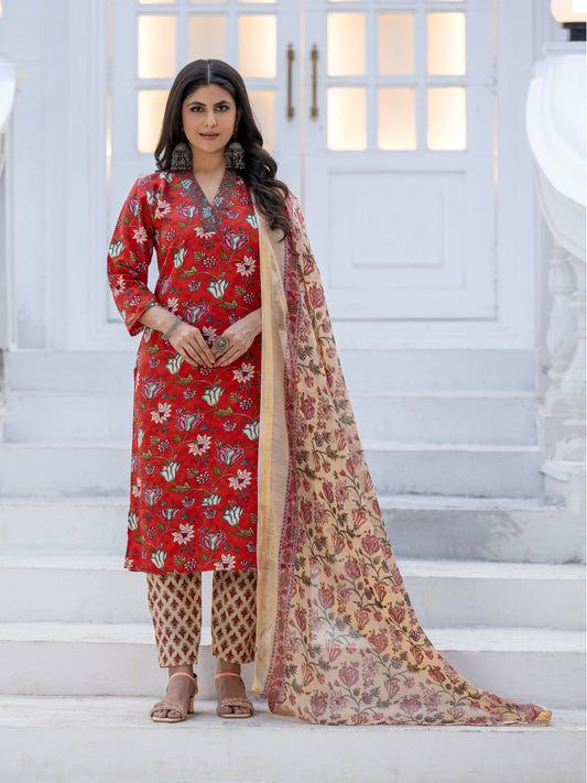 Women's Rayon Printed Kurti Pant Dupatta Set