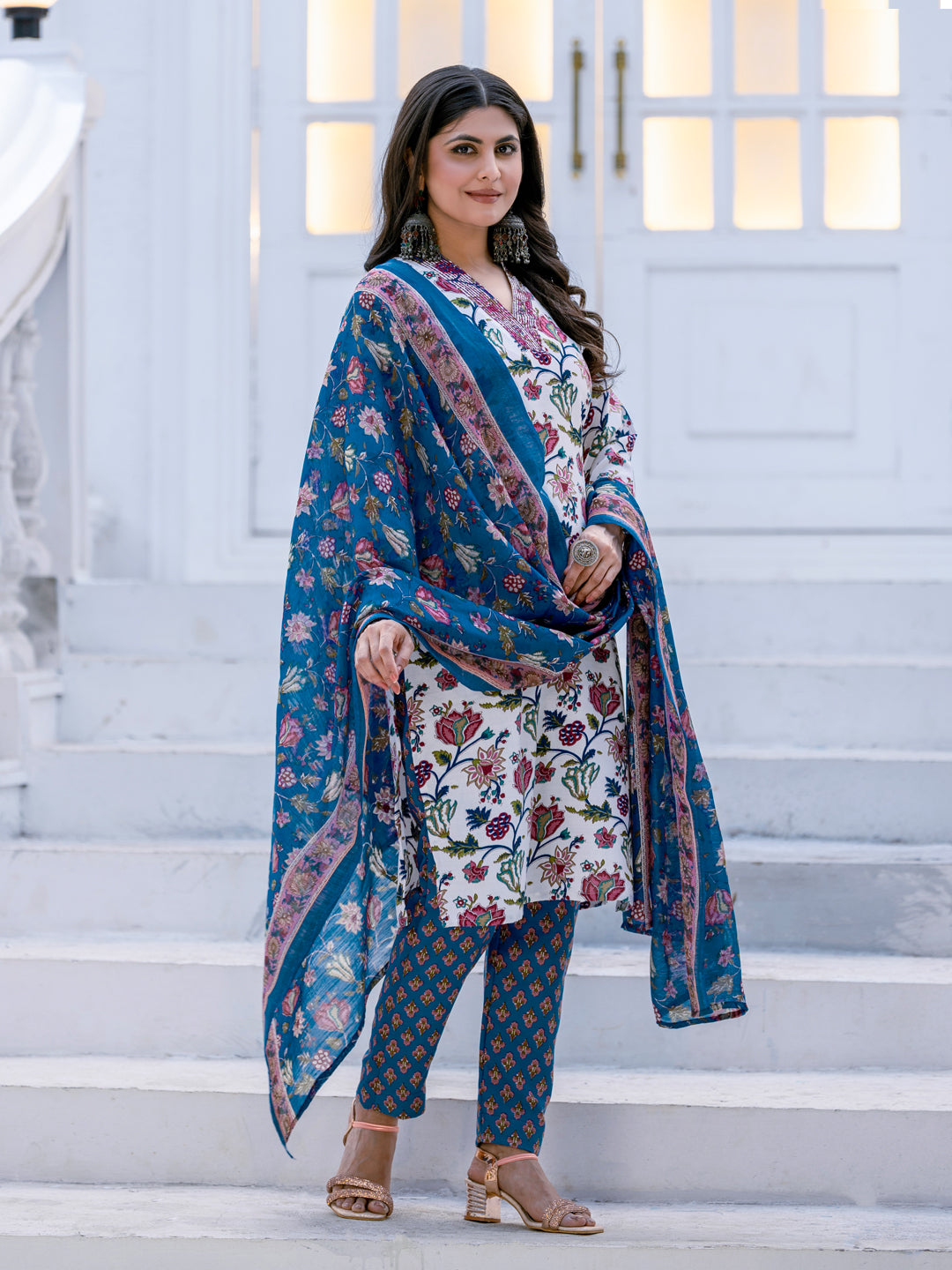 Women's Rayon Printed Kurti Pant Dupatta Set