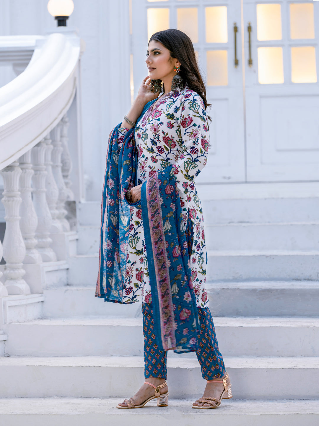 Women's Rayon Printed Kurti Pant Dupatta Set