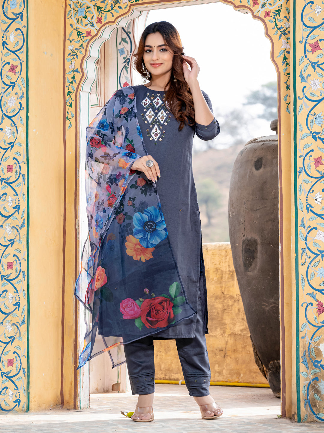 Women's Silk Hand Work Kurti Pant Dupatta Set