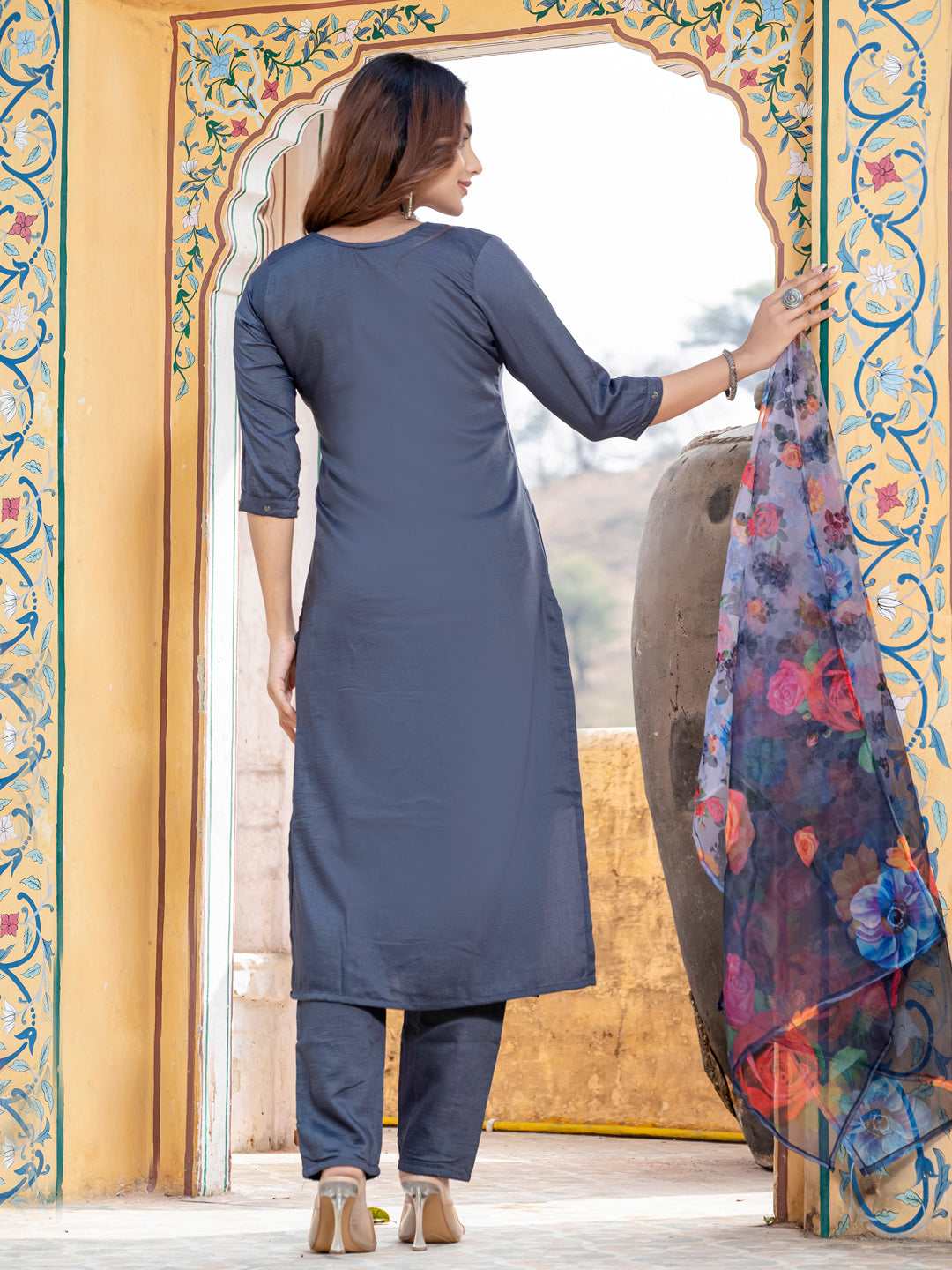 Women's Silk Hand Work Kurti Pant Dupatta Set