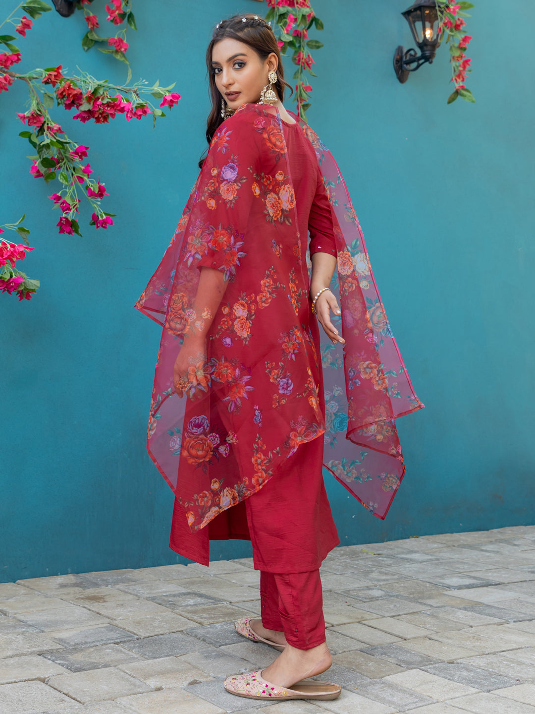 Women's Silk Hand Work Kurti Pant Dupatta Set