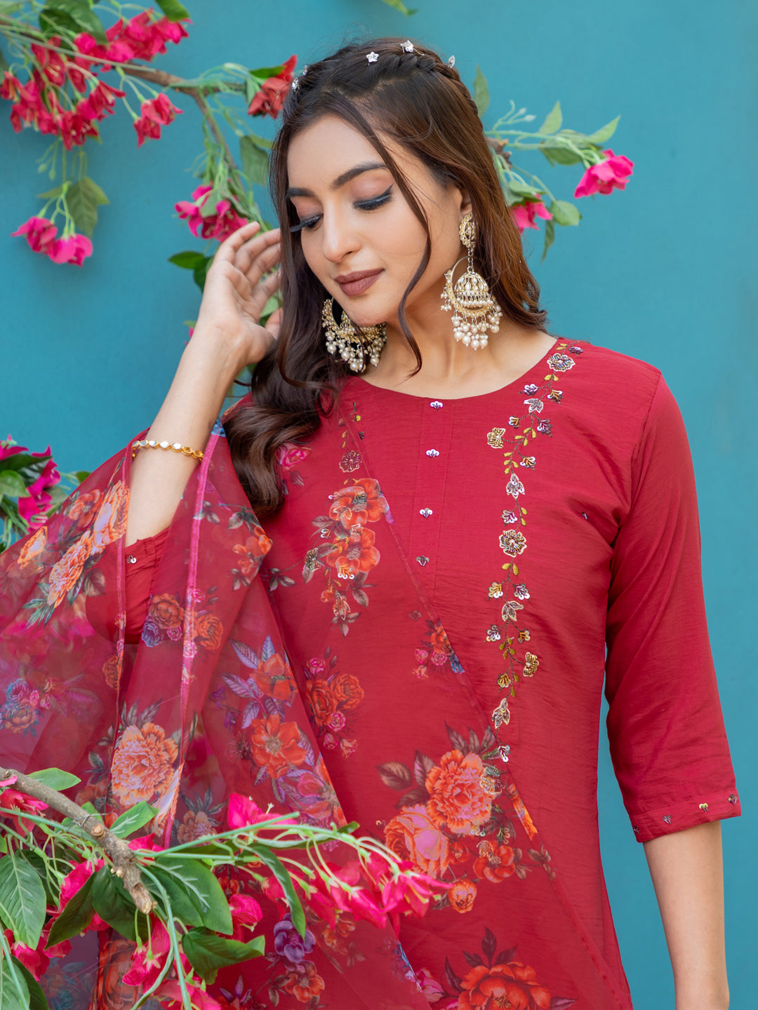 Women's Silk Hand Work Kurti Pant Dupatta Set