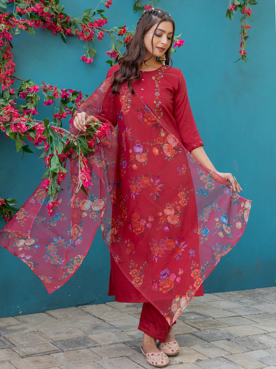 Women's Silk Hand Work Kurti Pant Dupatta Set