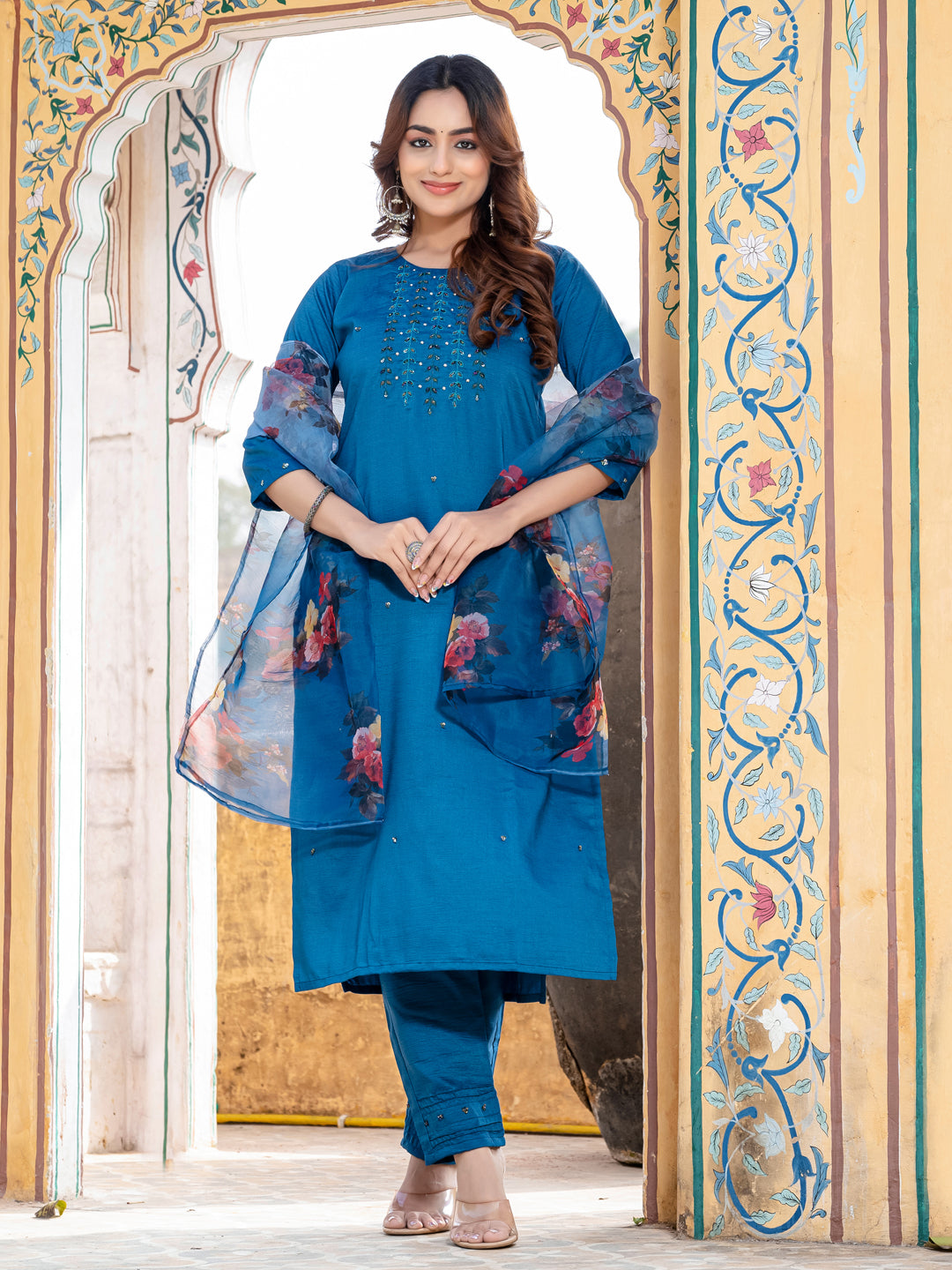 Women's Silk Hand Work Kurti Pant Dupatta Set