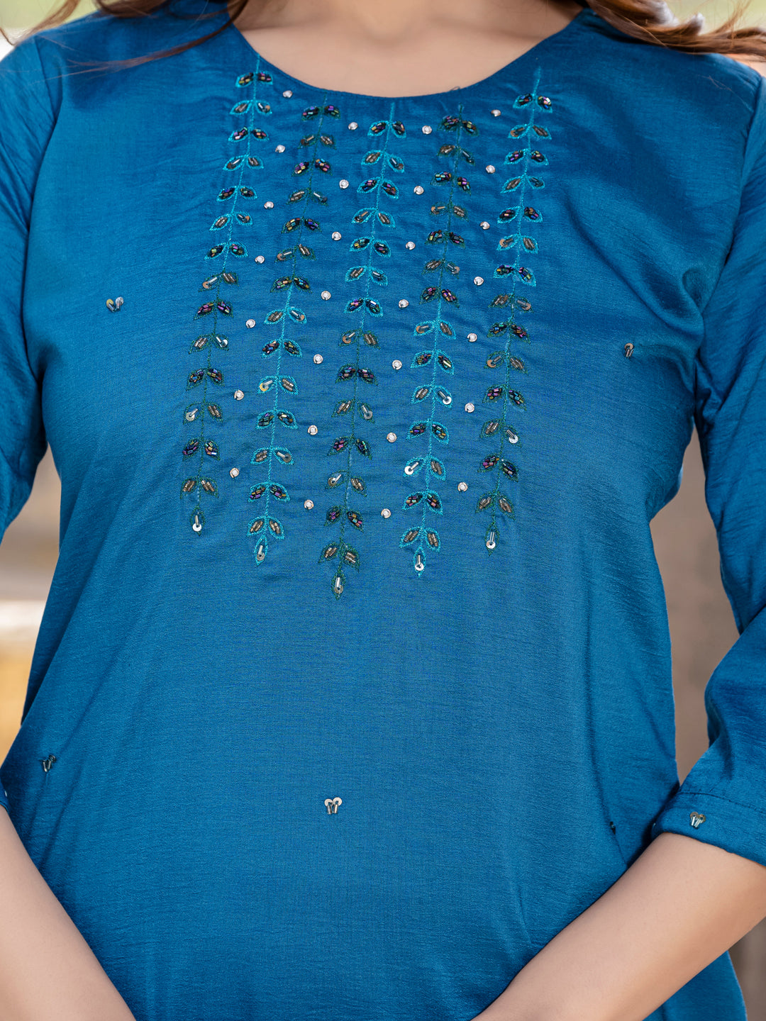 Women's Silk Hand Work Kurti Pant Dupatta Set