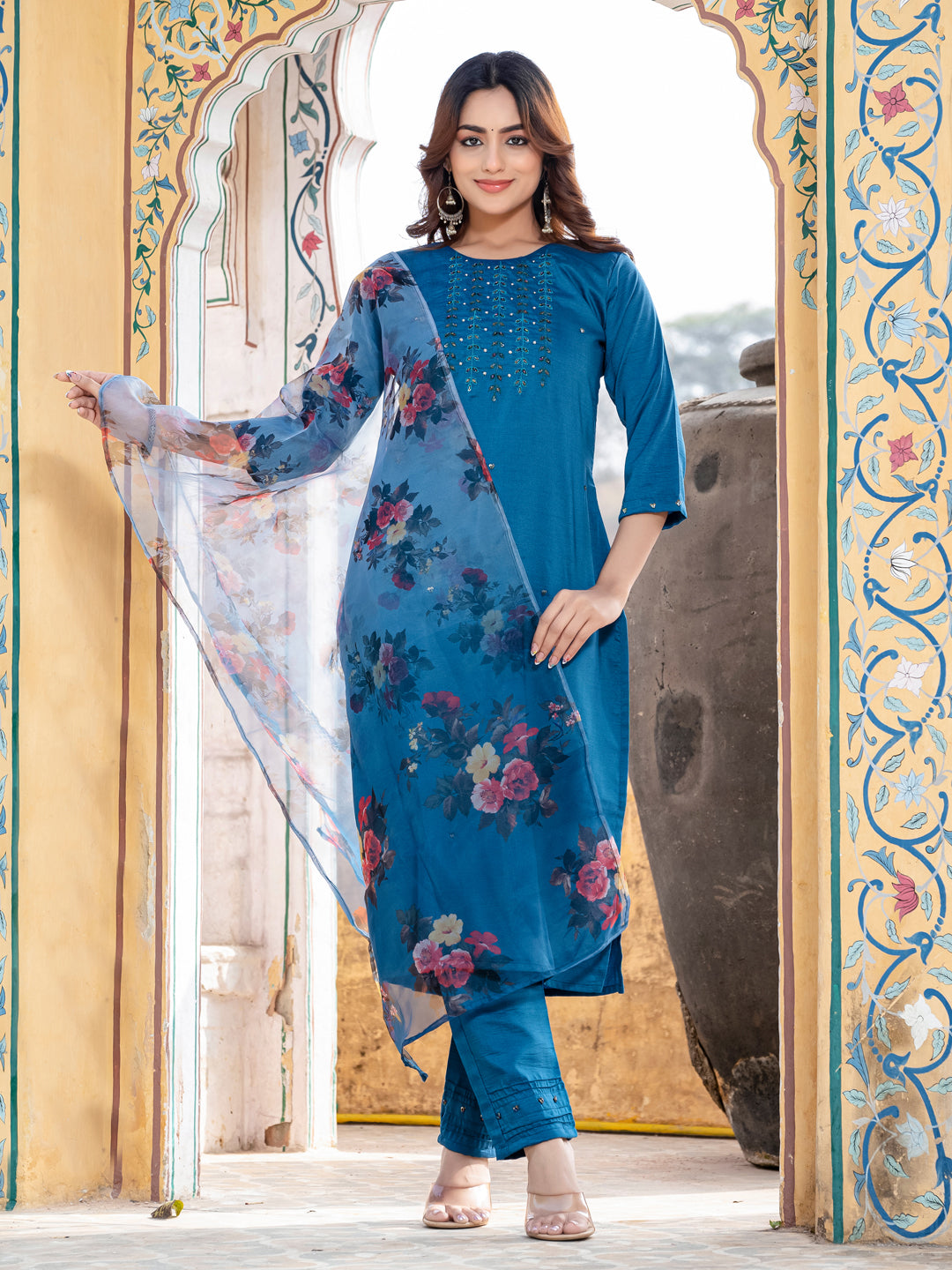Women's Silk Hand Work Kurti Pant Dupatta Set