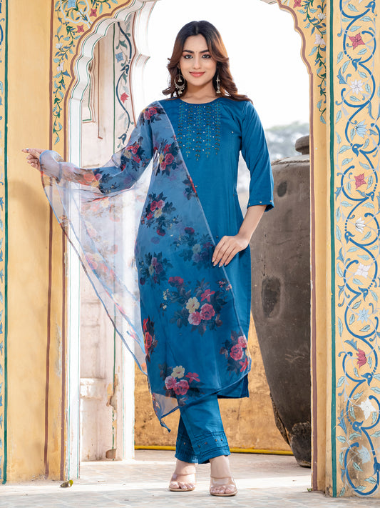 Women's Silk Hand Work Kurti Pant Dupatta Set