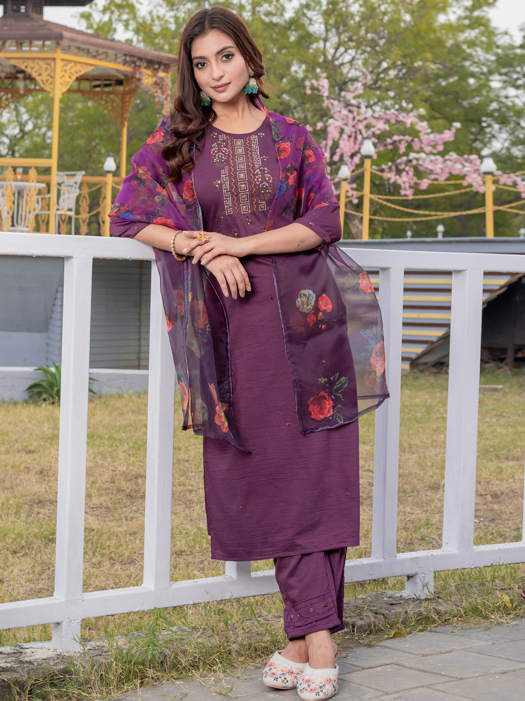 Women's Silk Hand Work Kurti Pant Dupatta Set