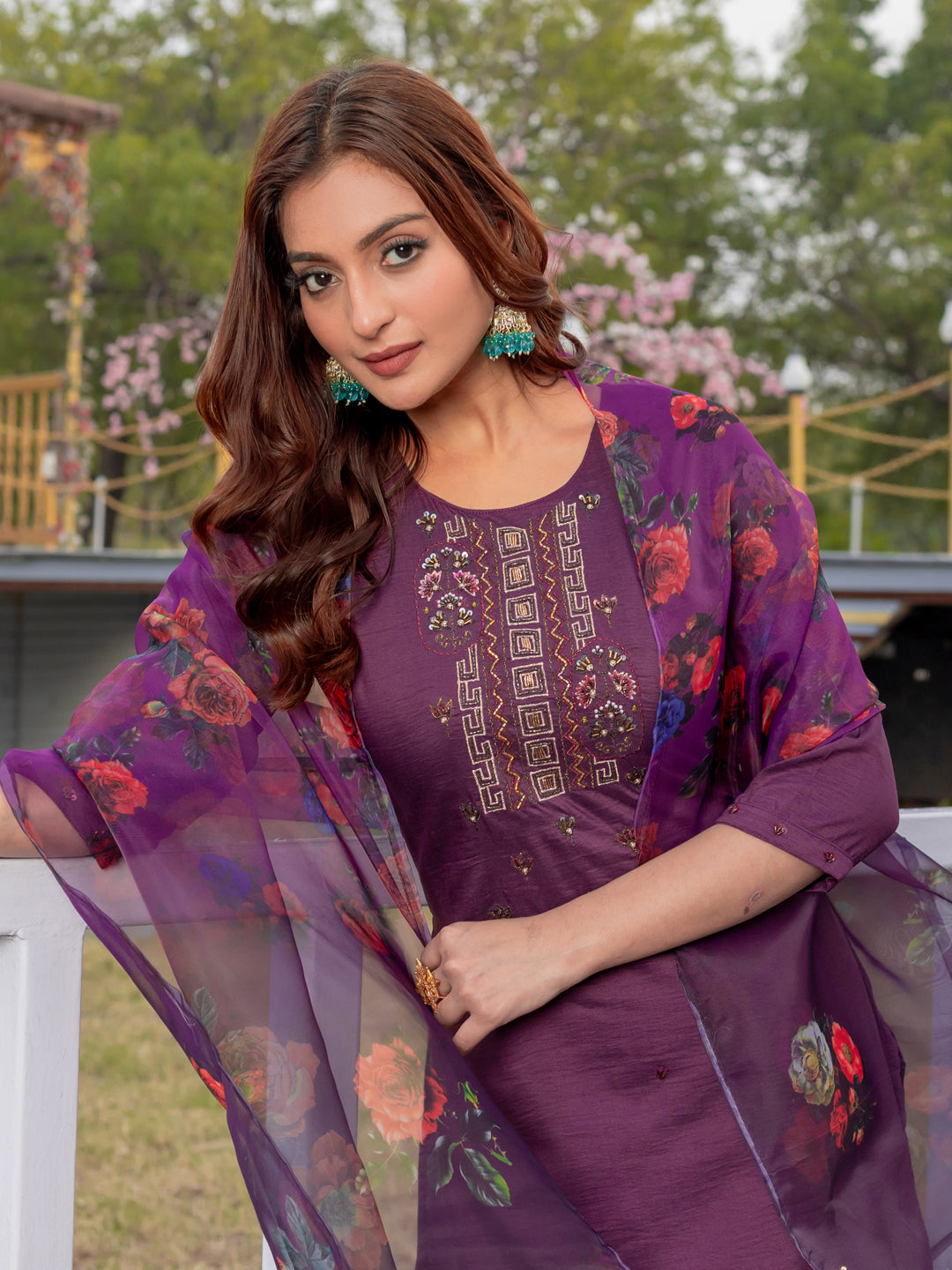 Women's Silk Hand Work Kurti Pant Dupatta Set